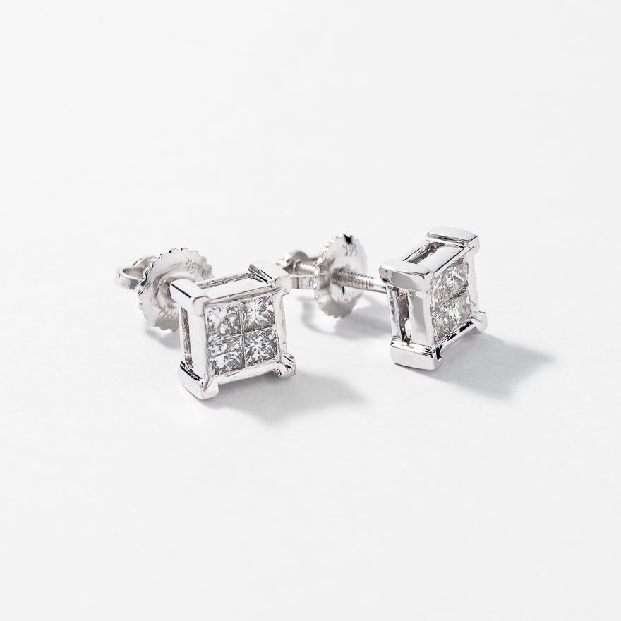 Princess Cut Diamond Cluster Stud Earrings in 14K White Gold (0.50 ct