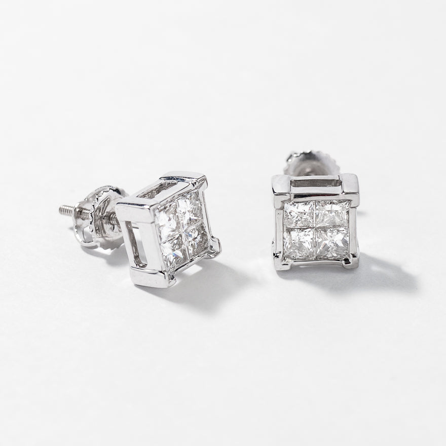 Princess Cut Diamond Cluster Stud Earrings in 14K White Gold (0.75 ct