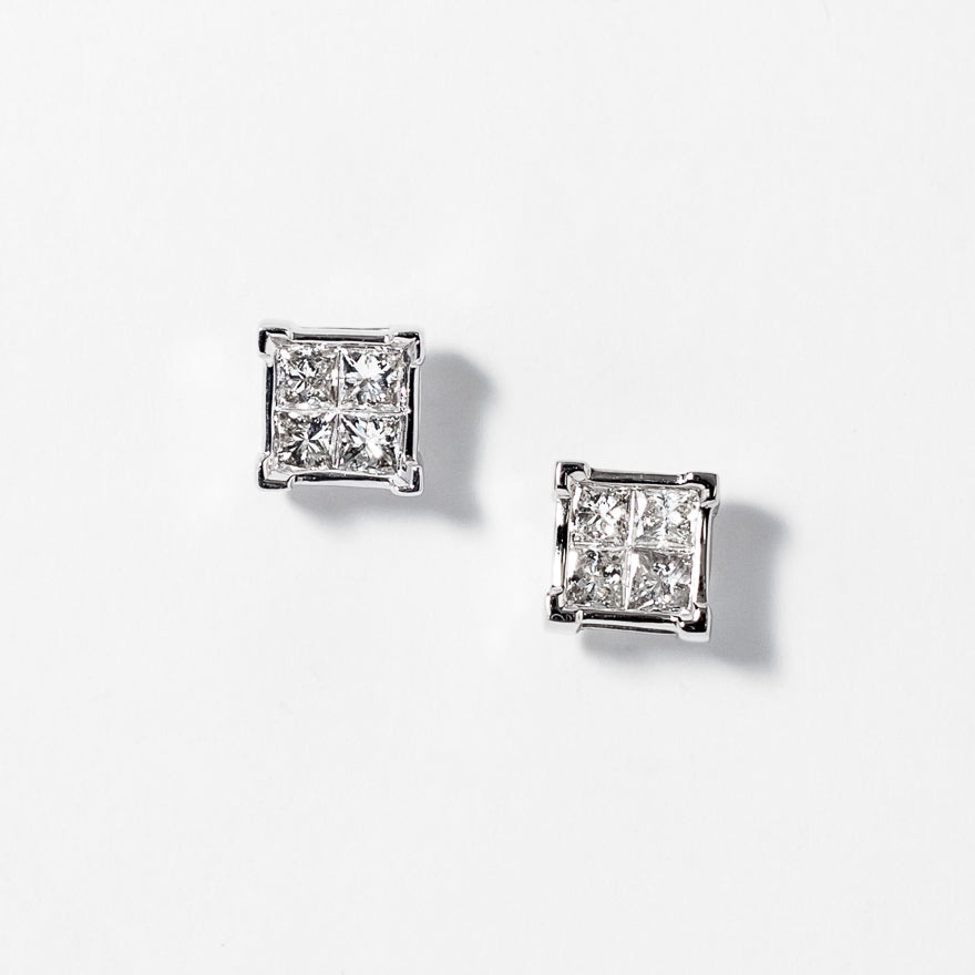 Princess Cut Diamond Cluster Stud Earrings in 14K White Gold (0.75 ct