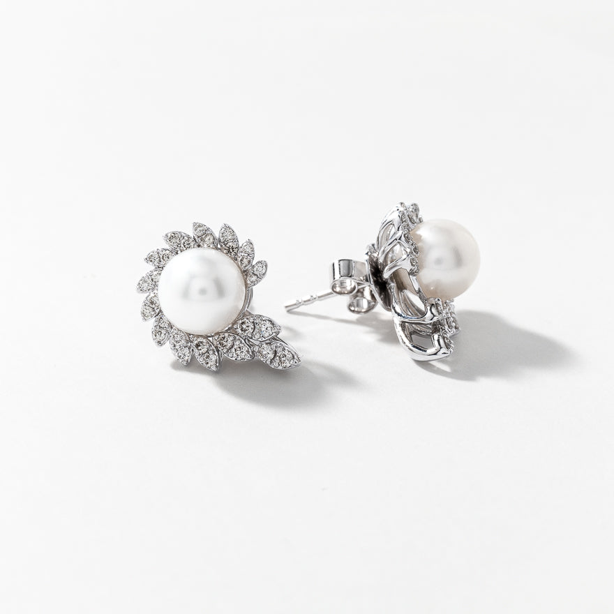 Pearl Earrings with Diamond Accents in 10K White Gold
