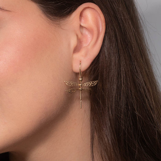 Dragonfly Dangle Earrings in 10K Yellow Gold