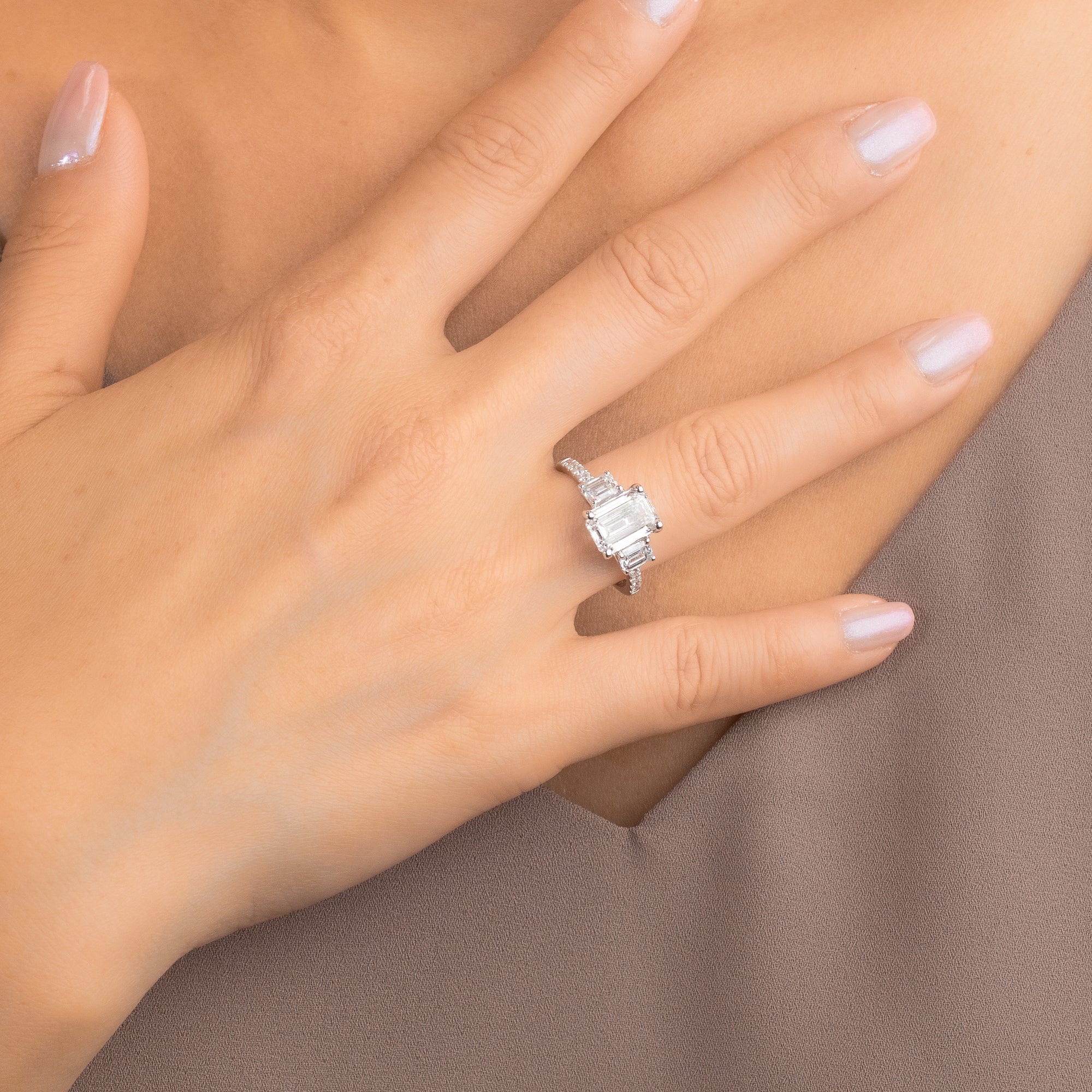 Emerald Cut Lab Grown Diamond Engagement Ring 14K White Gold (2.85