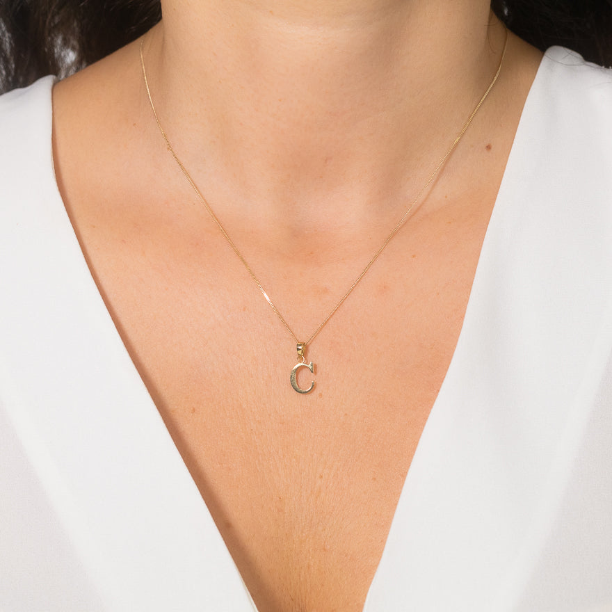 Script Initial Disc Necklace 14K White Gold 18