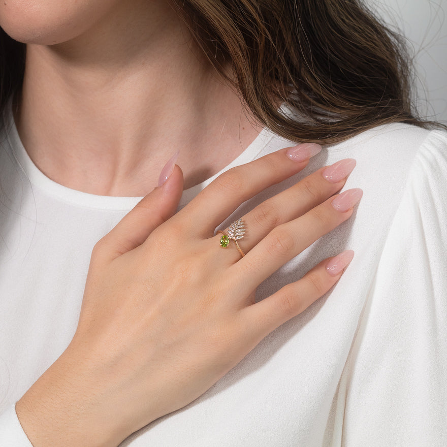 Peridot Ring with Diamond Leaf 10K Yellow Gold