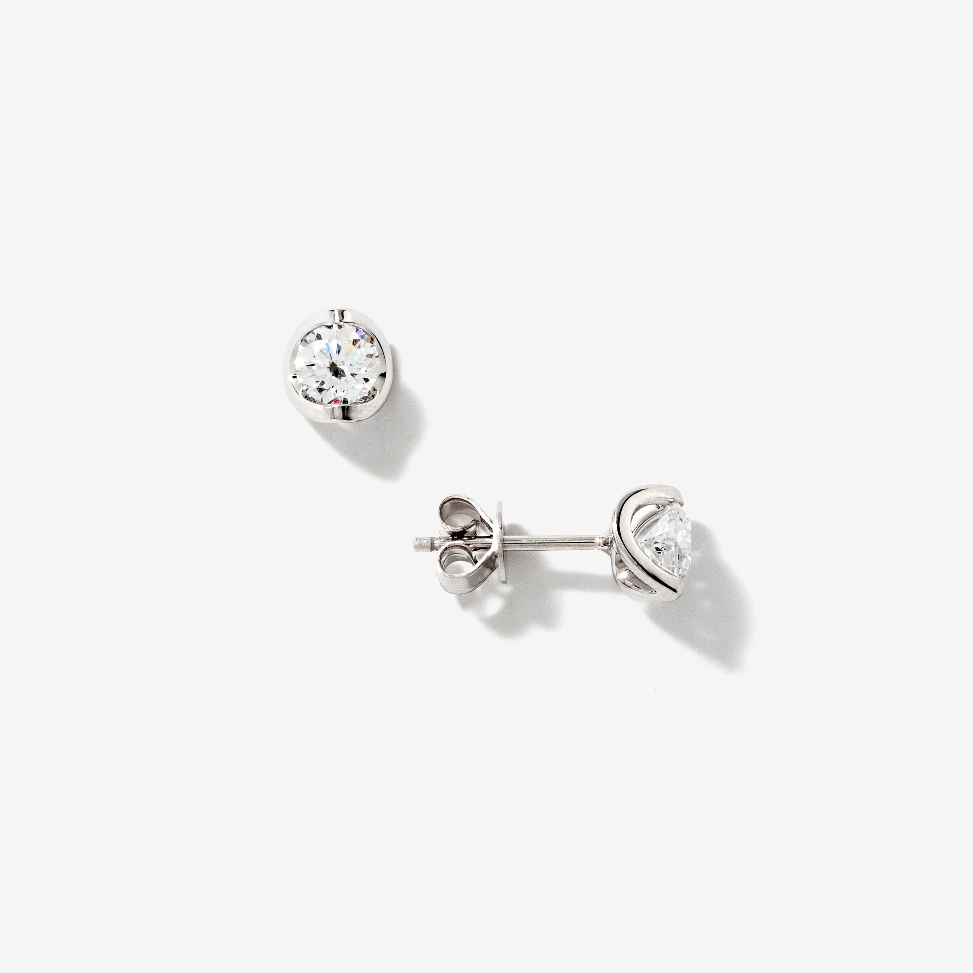 Crescent Set Lab Grown Diamond Stud Earrings in 14K White Gold ( c