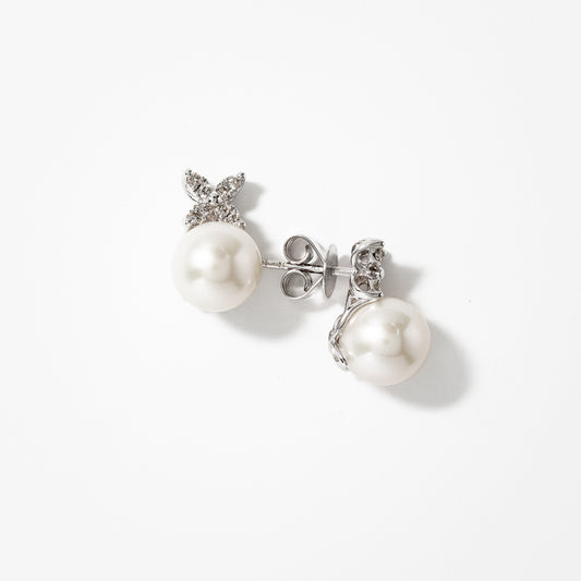 9mm Pearl Earrings with Diamond Petal Accents in 10K White Gold