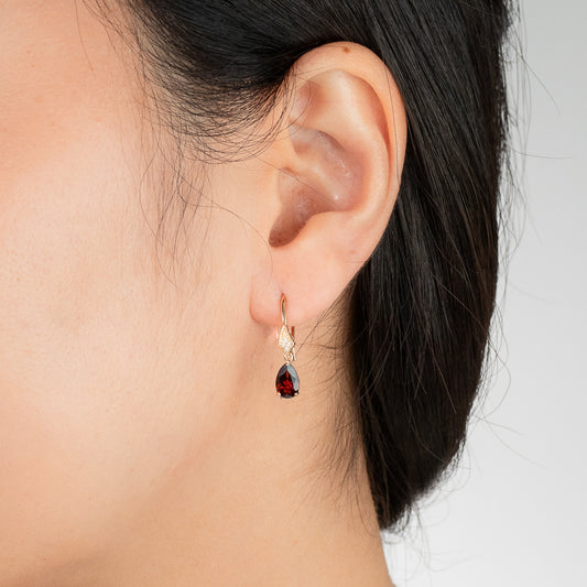 Garnet Hook Earrings with Diamond Accents in 10K Yellow Gold