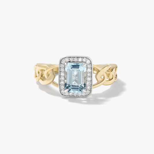 Aquamarine Chain Ring in 10K Yellow and White Gold