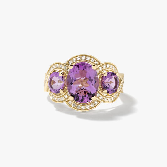 Three Stone Amethyst Ring 10K Yellow Gold