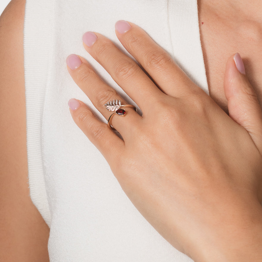 Garnet Ring with Diamond Leaf 10K Yellow Gold