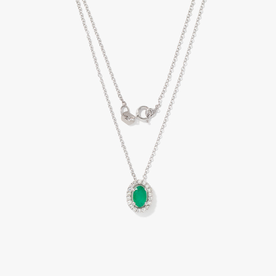 Oval Emerald and Diamond Halo Necklace in 10K White Gold (0.12ct tw)