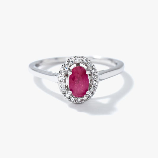 Oval Ruby and Diamond Halo Ring in 10K White Gold (0.12 ct tw)