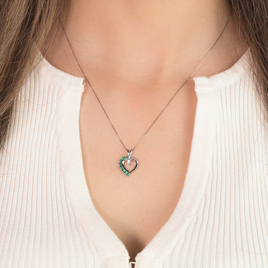 Heart Shape Emerald and Diamond Pendant in 10K White Gold