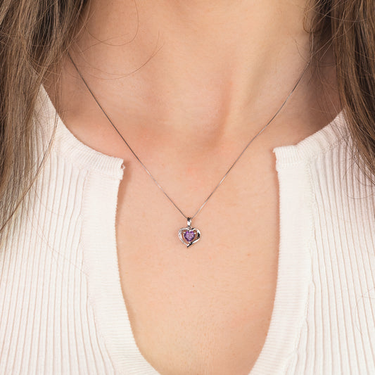 Heart Shaped Amethyst and Diamond Pendant Crafted In 10K White Gold