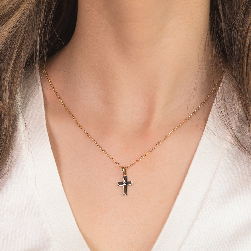 Mini Diamond Cut Cross Pendant in 10K Yellow and White Gold