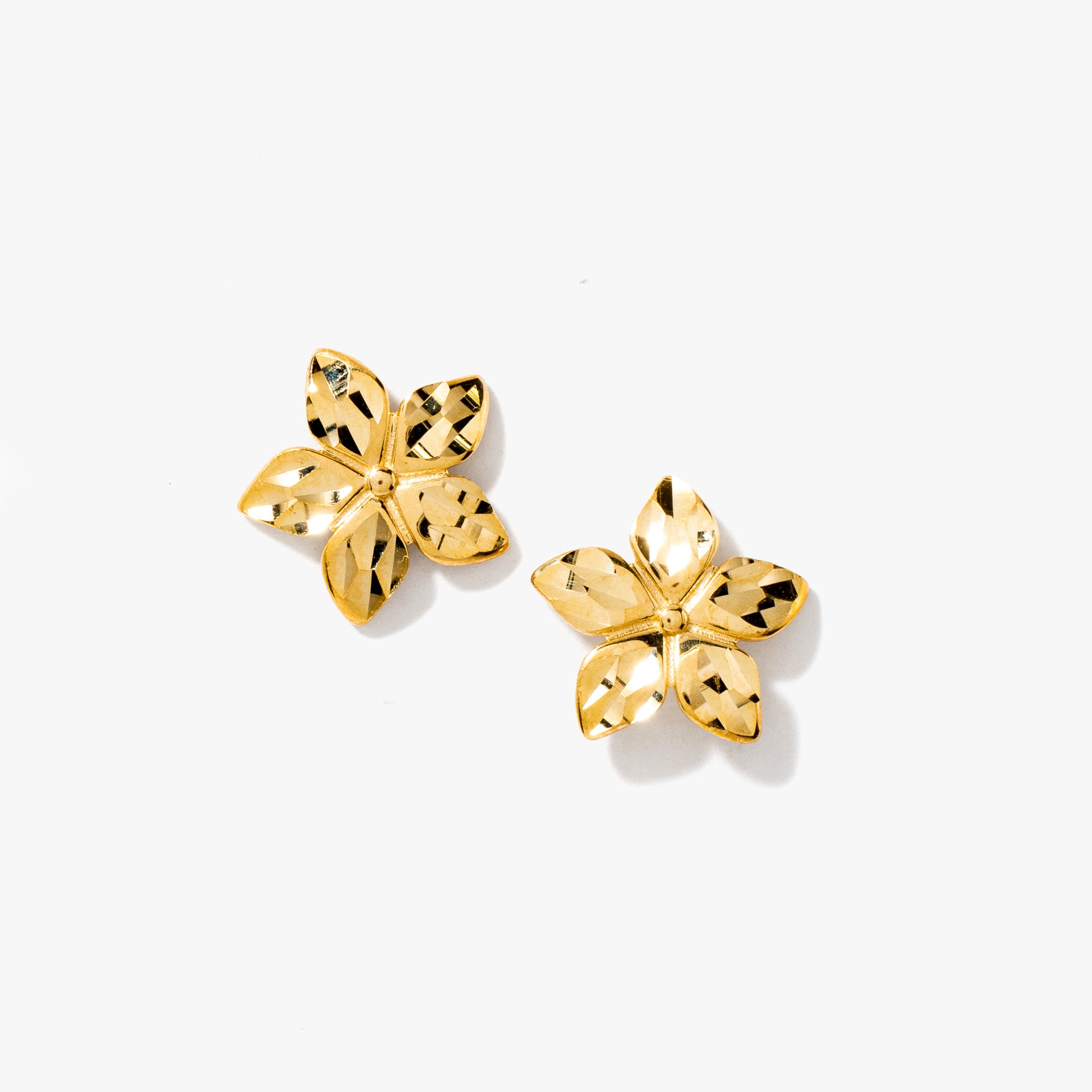 10K Yellow Diamond Cut Gold Flower Stud Earrings