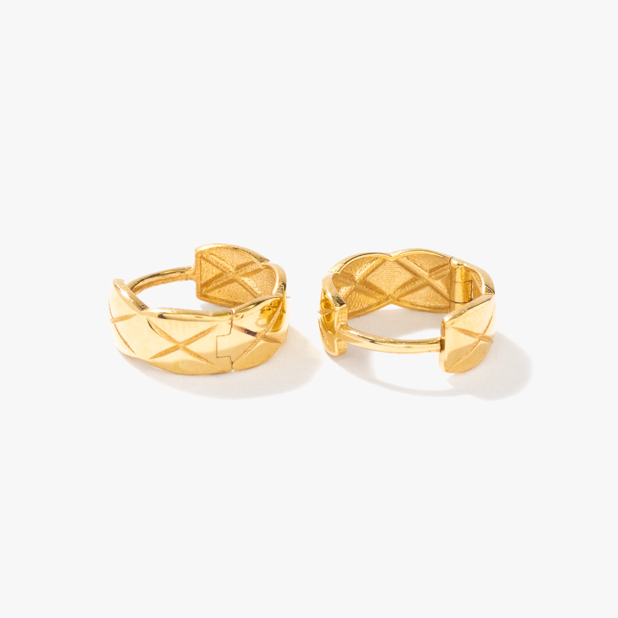 14K Yellow Gold Cross Pattern Huggie Earrings