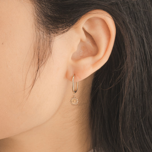 Flower Dangle Hoop Earrings in 10K Yellow Gold
