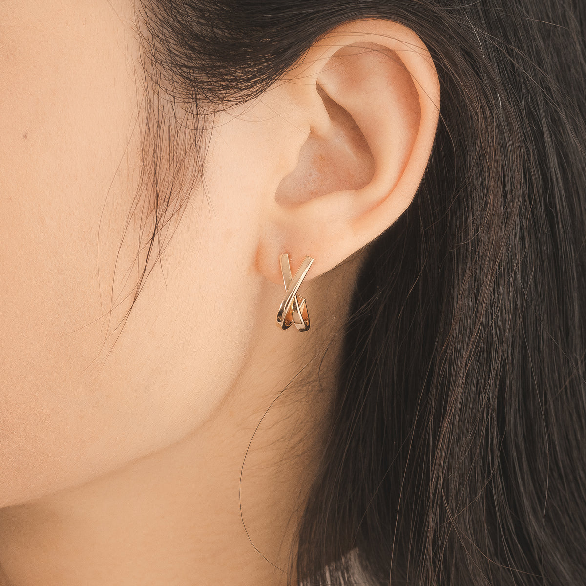 X Shape Hook Stud Earrings in 10K Yellow Gold