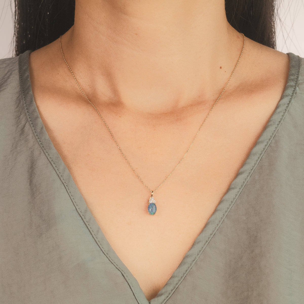 Triplet Opal Necklace with Diamond Accents in 10K Yellow Gold
