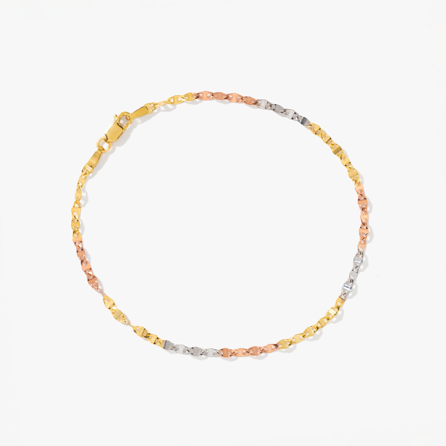 Tri-Colour Plate Link Bracelet in 10K Yellow, Rose, and White Gold