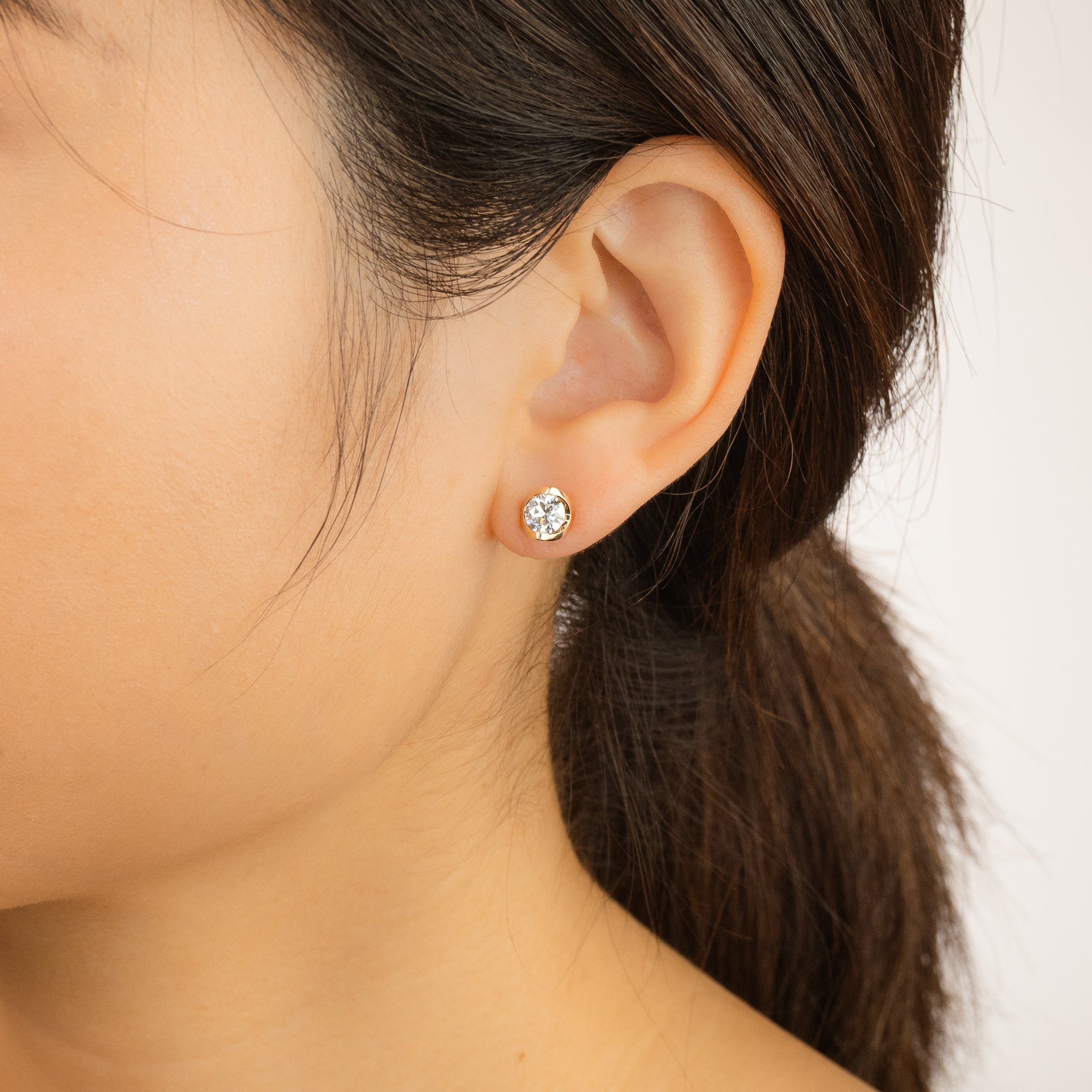 Crescent Set Solitaire Lab Grown Diamond Stud Earrings in 14K Yellow G