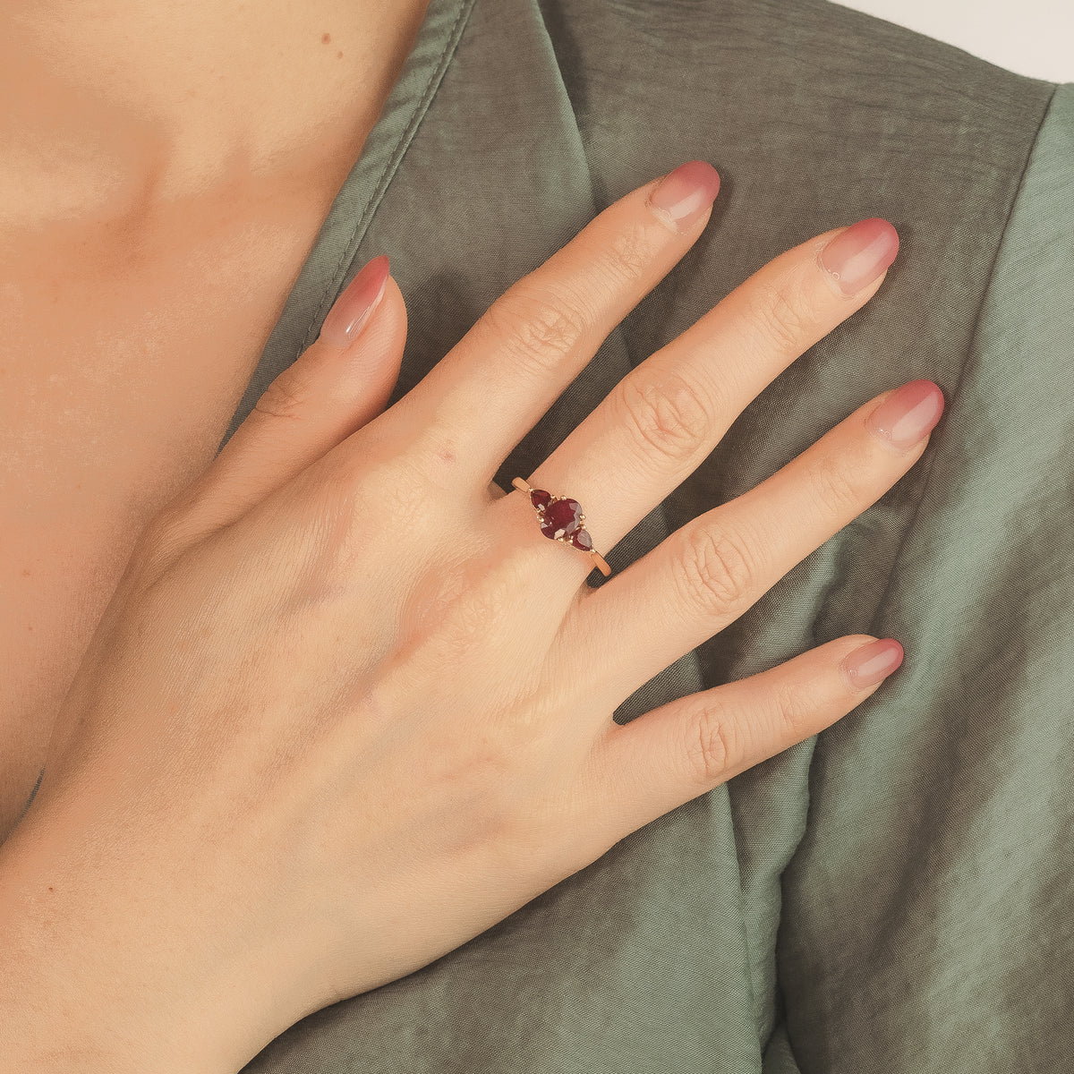 Three Stone Ruby Ring 10K Yellow Gold