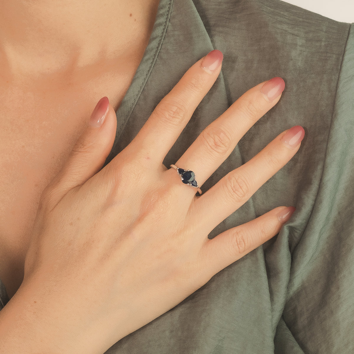 Three Stone Sapphire Ring 10K White Gold