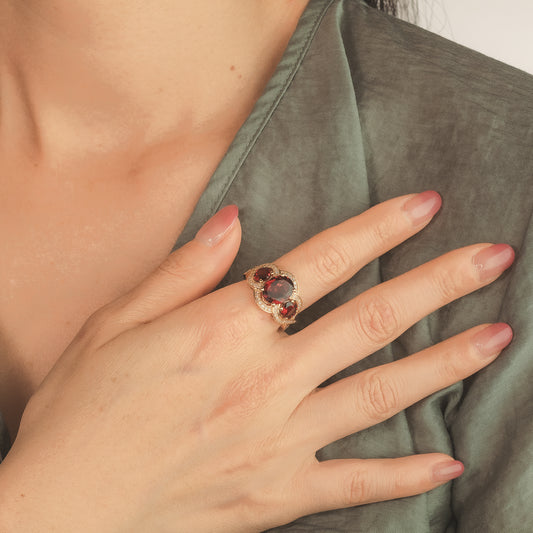 Three Stone Garnet Ring 10K Yellow Gold