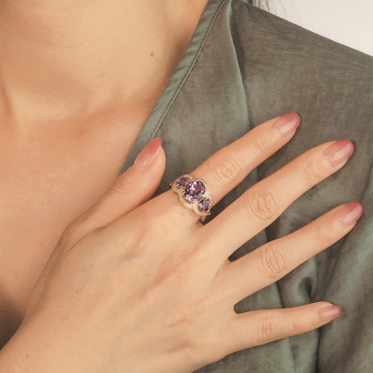 Three Stone Amethyst Ring 10K Yellow Gold