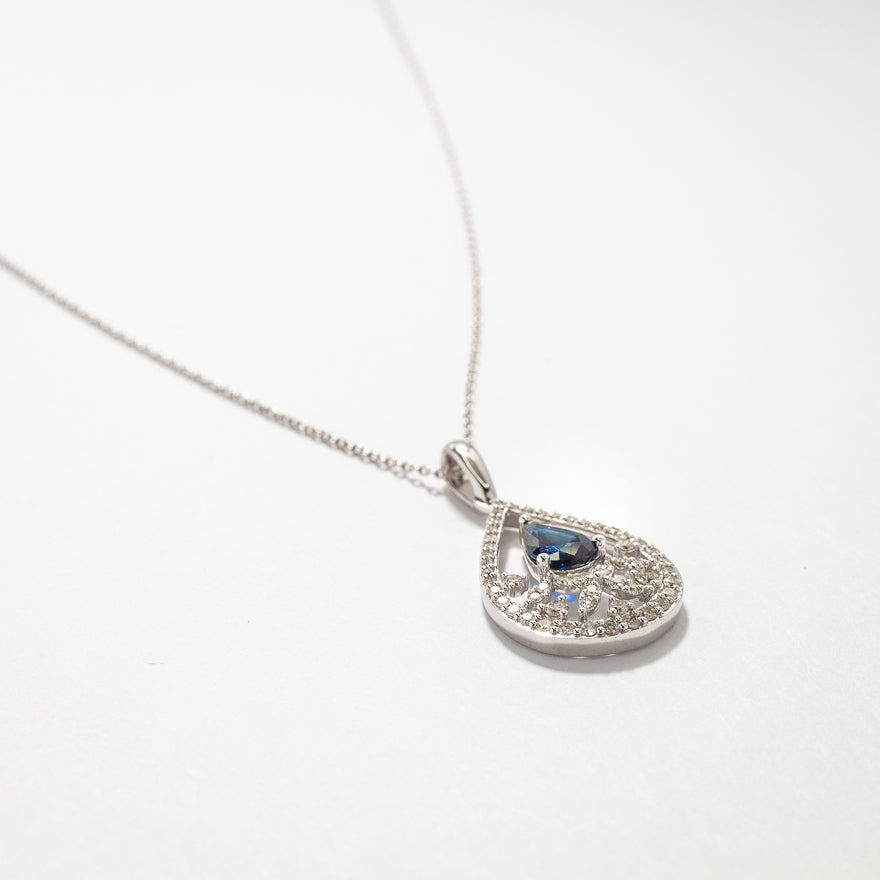 Sapphire Necklace With Diamond Cluster Accent in 10K White Gold