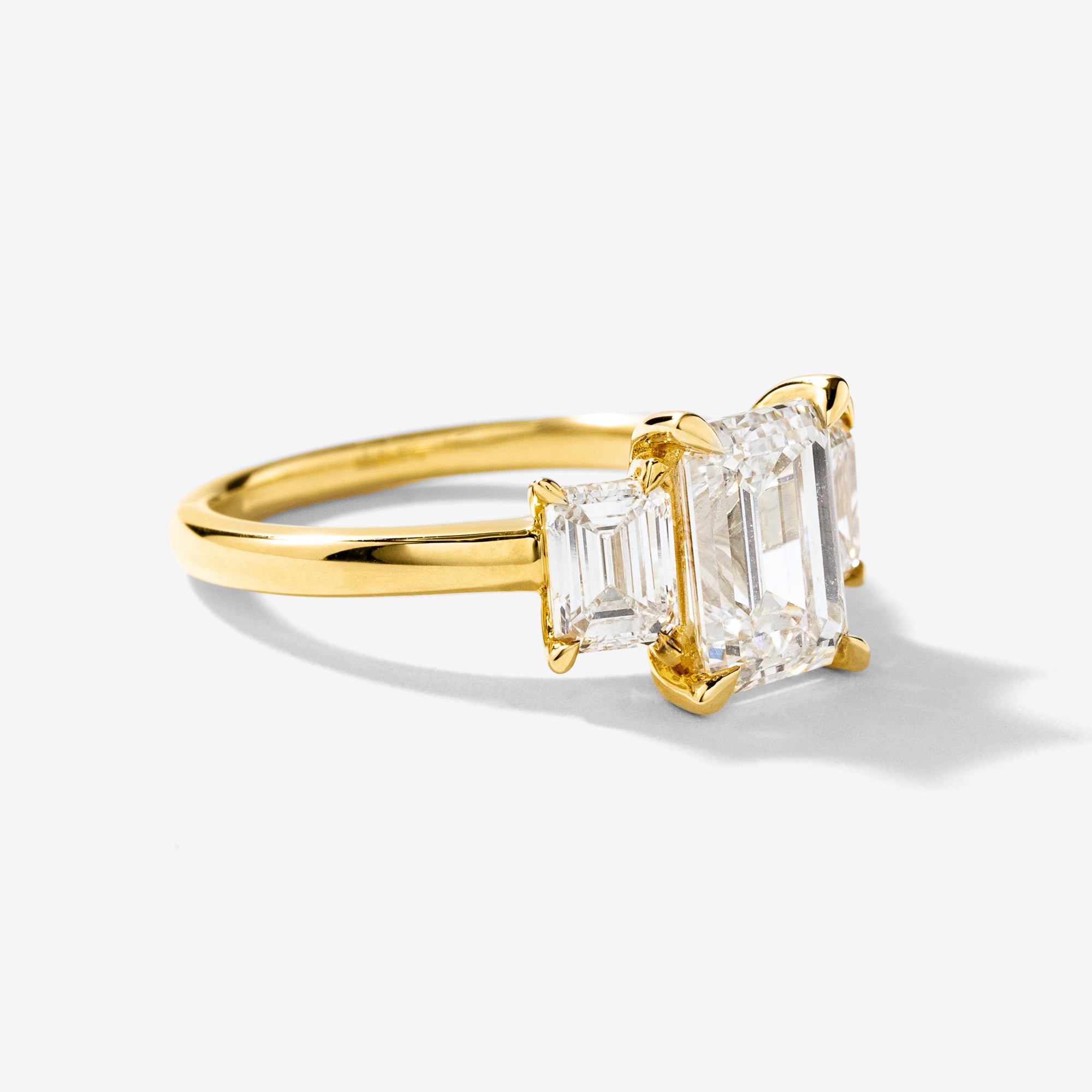 Lab Grown Three Stone Emerald Cut Diamond Engagement Ring 14K Yello