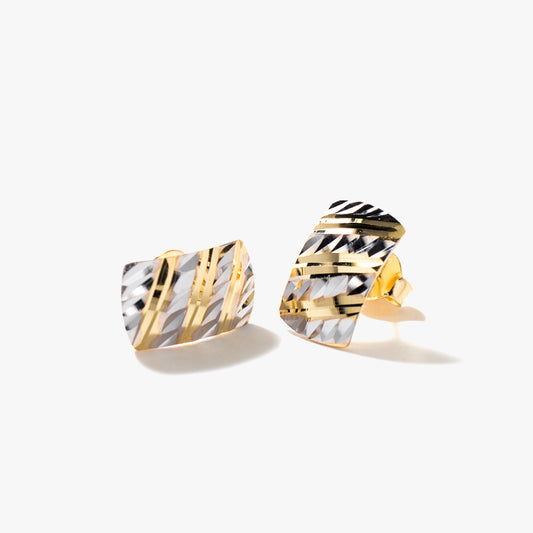 Rectangular Diamond Cut Stud Earrings in 10K Yellow and White Gold