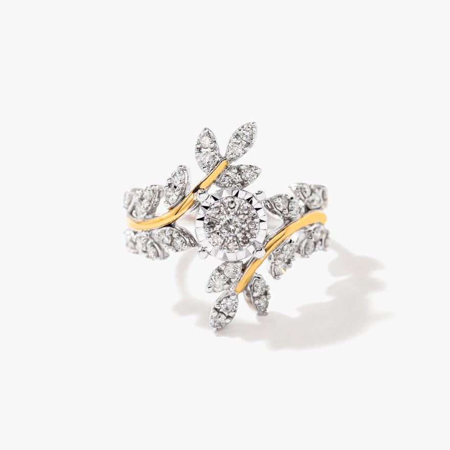 Diamond Cluster Leaf Ring in 10K Yellow and White Gold (0.60 ct tw)