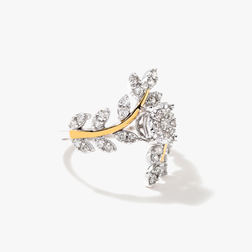 Diamond Cluster Leaf Ring in 10K Yellow and White Gold (0.60 ct tw)