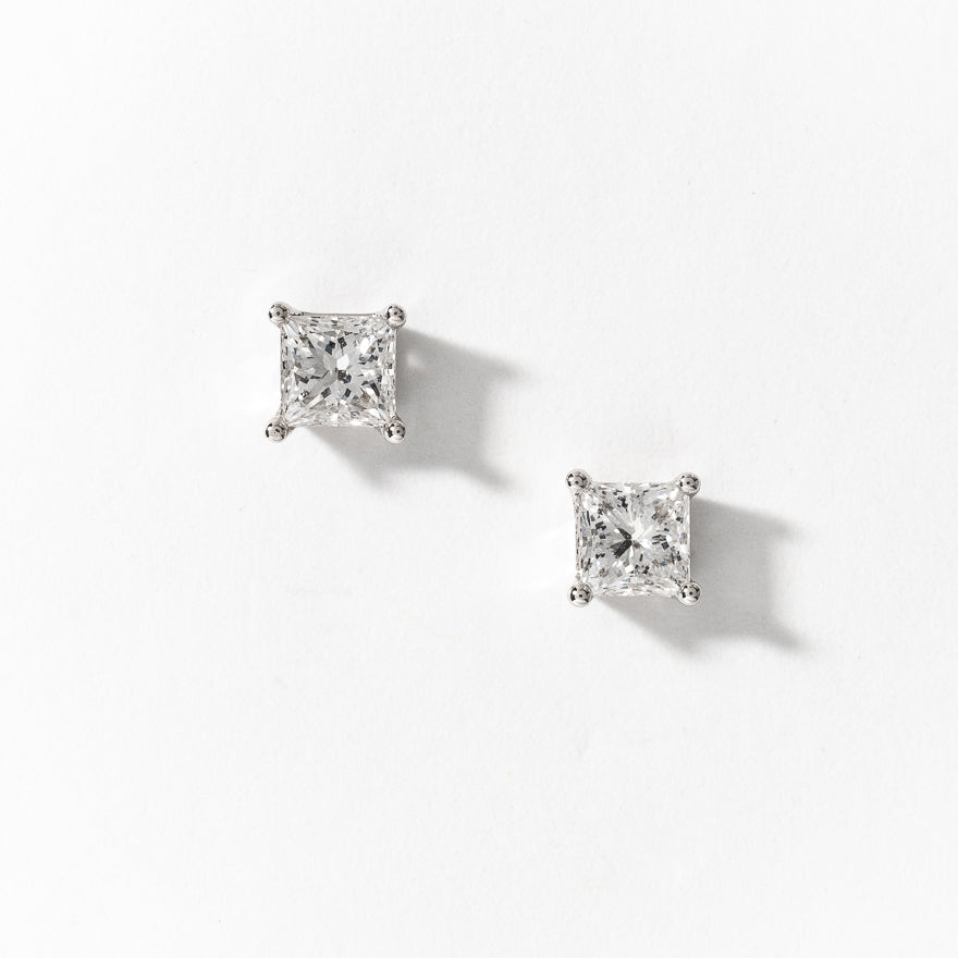 Lab Grown Princess Cut Diamond Stud Earrings in 14K White Gold ( 1.00