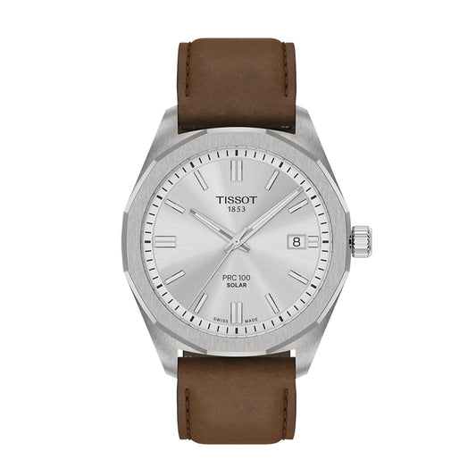 Tissot PRC 100 Solar 39mm Silver Dial Brown Strap Watch  | T1514221603100