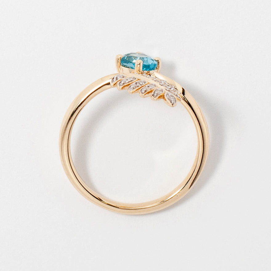 Blue Topaz Ring with Diamond Leaf in 10K Yellow Gold