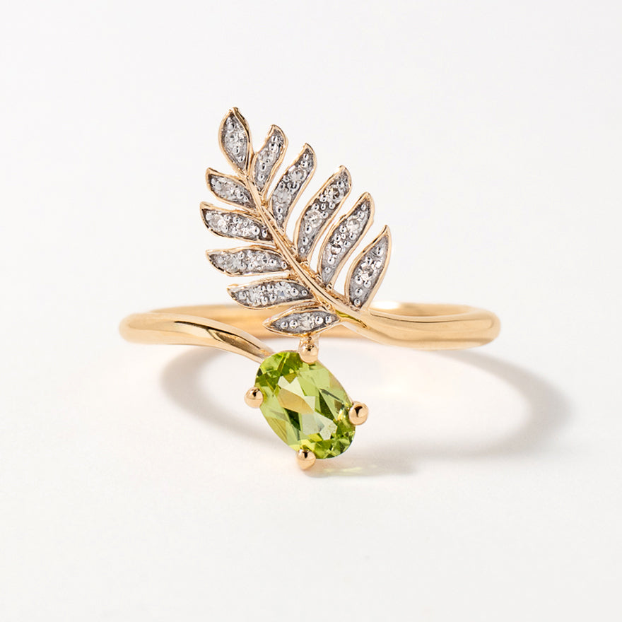 Peridot Ring with Diamond Leaf in 10K Yellow Gold