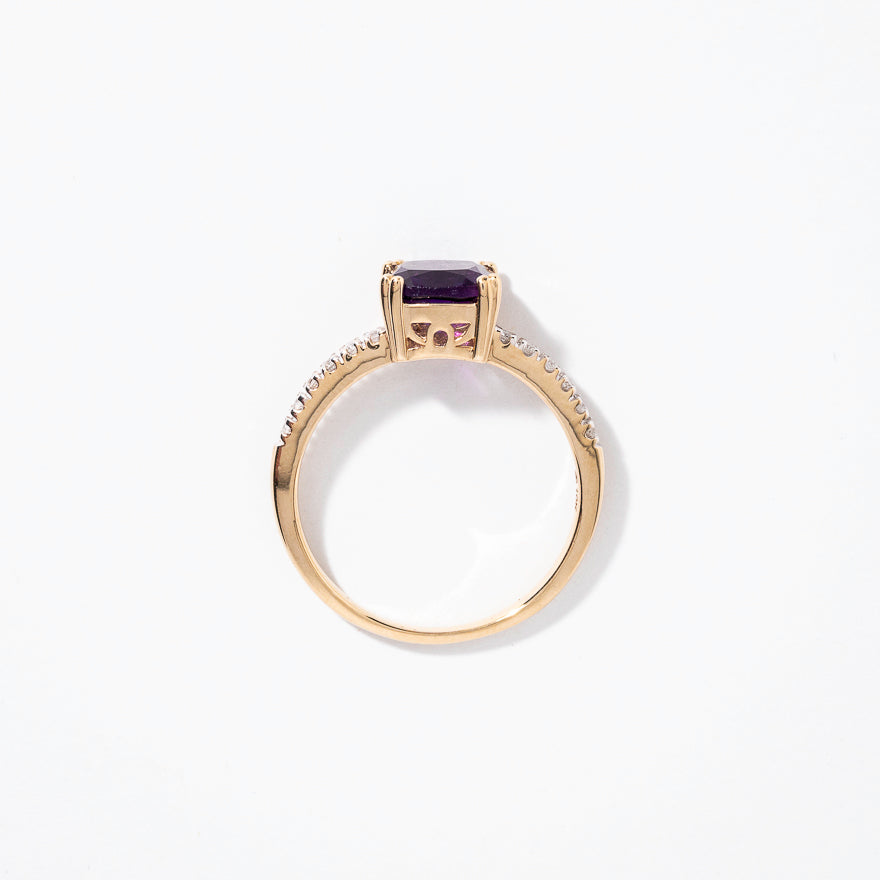 Cushion Shaped Amethyst Ring With Diamond Accents in 10K Yellow Gold