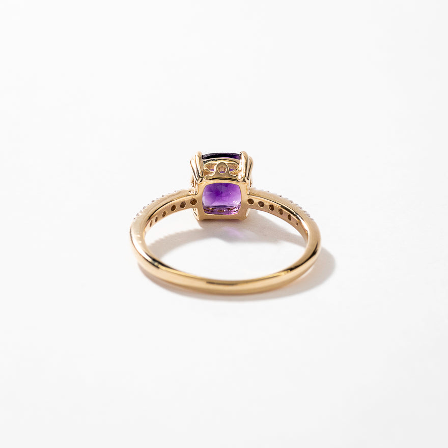 Cushion Shaped Amethyst Ring With Diamond Accents in 10K Yellow Gold