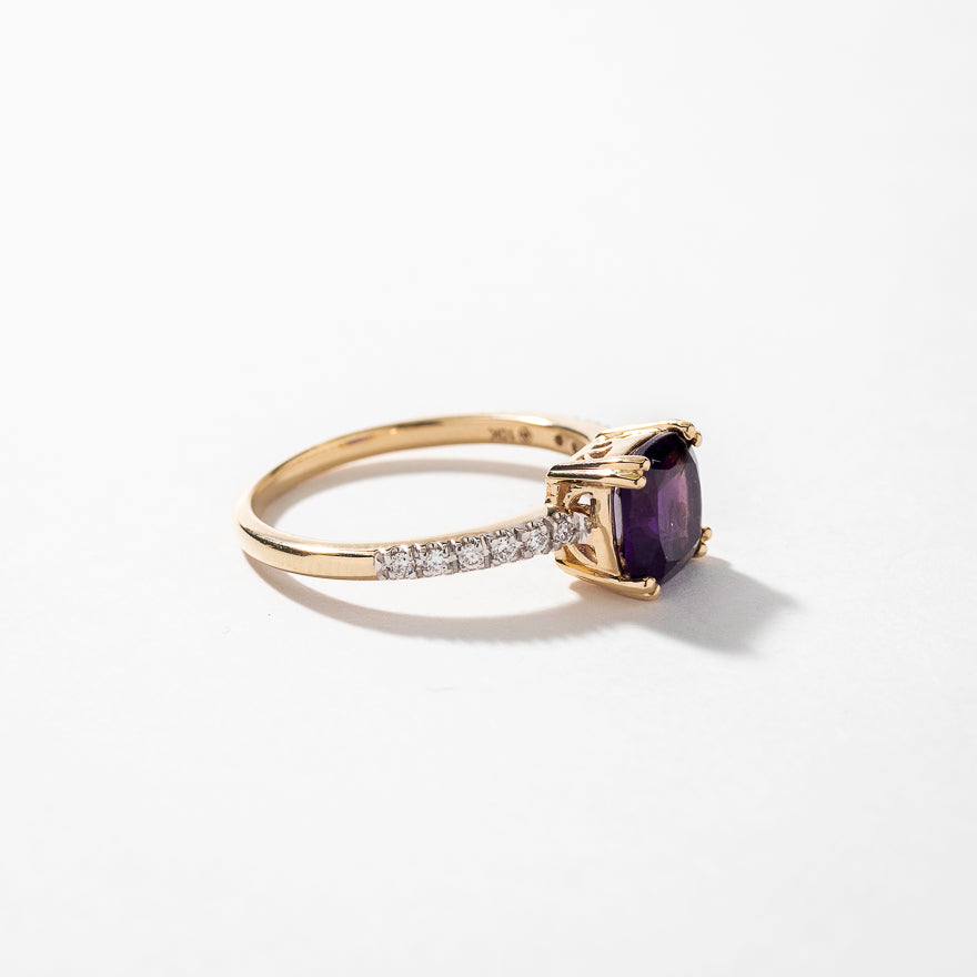 Cushion Shaped Amethyst Ring With Diamond Accents in 10K Yellow Gold