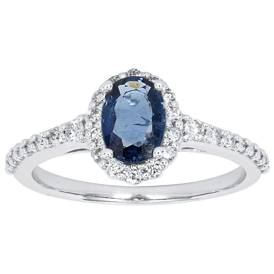 Oval Sapphire and Diamond Halo Ring 14K White Gold (7x5mm)