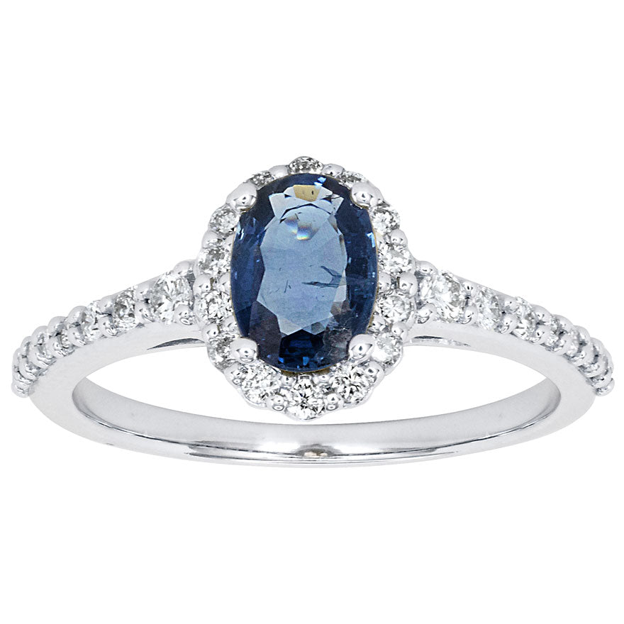 Oval Sapphire and Diamond Halo Ring in 14K White Gold (7x5mm)