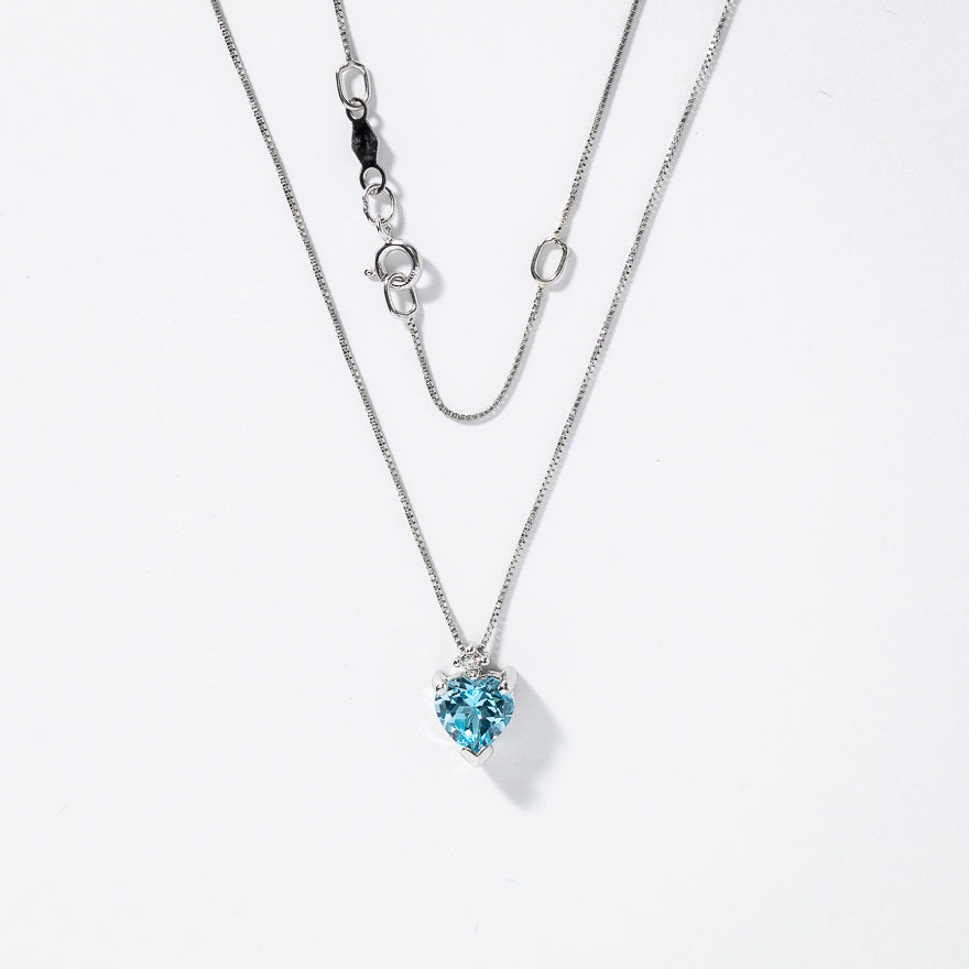 Heart Shaped Blue Topaz Necklace with Diamond Accent in 10K White Gold