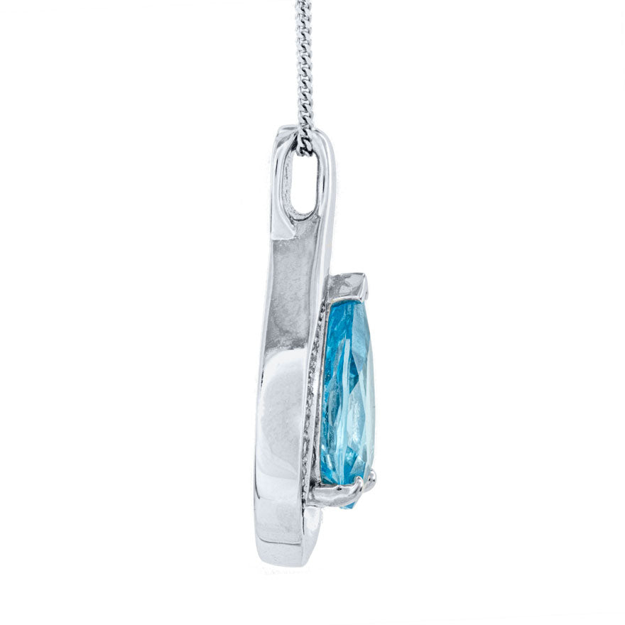 10K White Gold Pear Shape Blue Topaz and Diamond Pendant Necklace