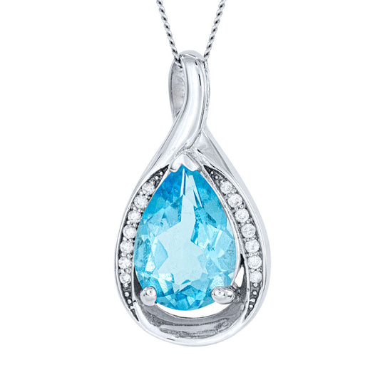 10K White Gold Pear Shape Blue Topaz and Diamond Pendant Necklace