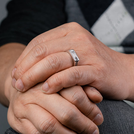 Gent's Off-Set Sapphire and Diamond Ring in 10K White Gold