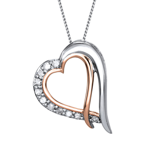 Two-Tone Double Heart Diamond Necklace in 10K White and Rose Gold (0.075ct tw)