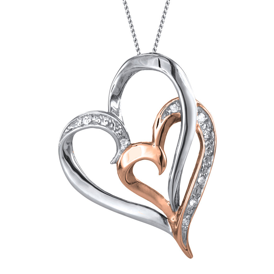 Floating Double Heart Diamond Necklace in 10K White and Rose Gold (0.03ct tw)